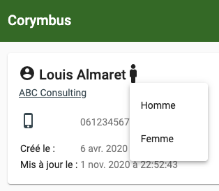 Copie d'écran du menu montrant la mise à jour du champ Genre d'un contact en 2 clics