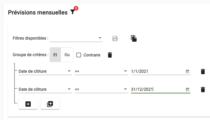 Filtre permettant de sélectionner la période de prévision de ventes