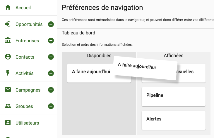 Paramétrage du tableau de bord pour afficher la to-do-list