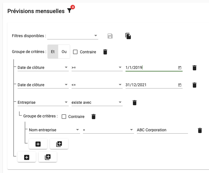 Filtre de prévisions de vente pour un client donné