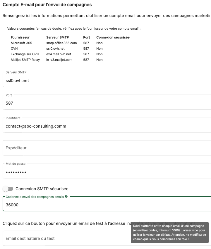 Paramètres pour l'envoi d'emails