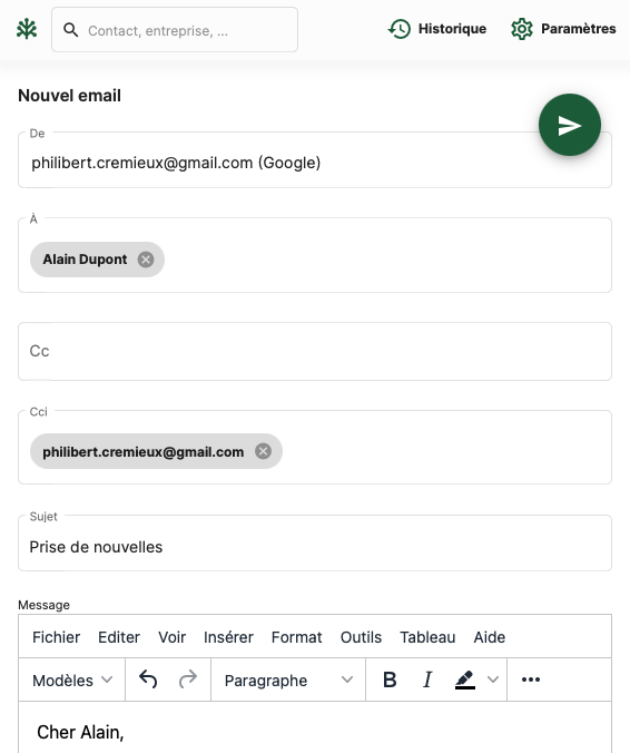 Copie d'écran montrant la fenêtre pour écrire un email à un ou plusieurs contacts