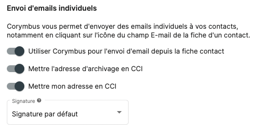 Paramètres de la fonction du CRM permettant d'écrire un email