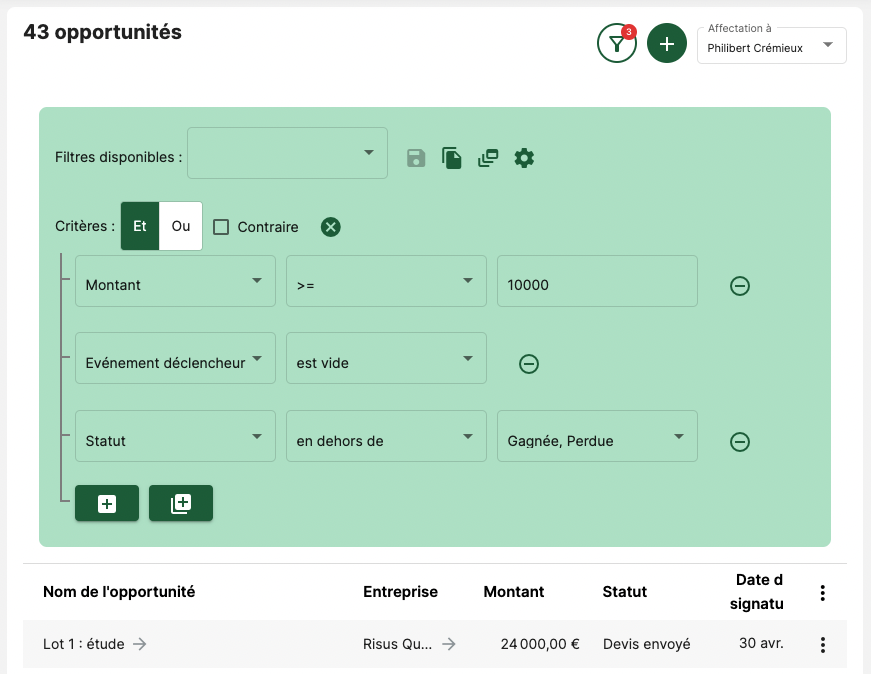 Filtre d'opportunités permettant de détecter les prospects insuffisamment qualifiés, afin de les faire progresser dans le tunnel de vente