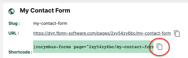 Emplacement du shortcode dans Corymbus