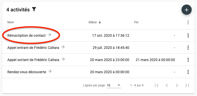 Activité documentant la réinscription d'un contact